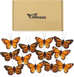 Ysleen 12 Set Monarch Butterfly Crafts Decoration Feather Butterflies Picks for Arrangements Garland Spring Floral Flower Stick Wire Artificial Fake DIY Art Crafts Supplies(4 x 3 Inch,Orange Color)