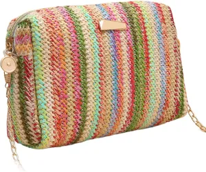 YYW Colorful Straw Bag Women Woven Beach Bags Rainbow Pattern Shoulder Bag Spring Summer Purse