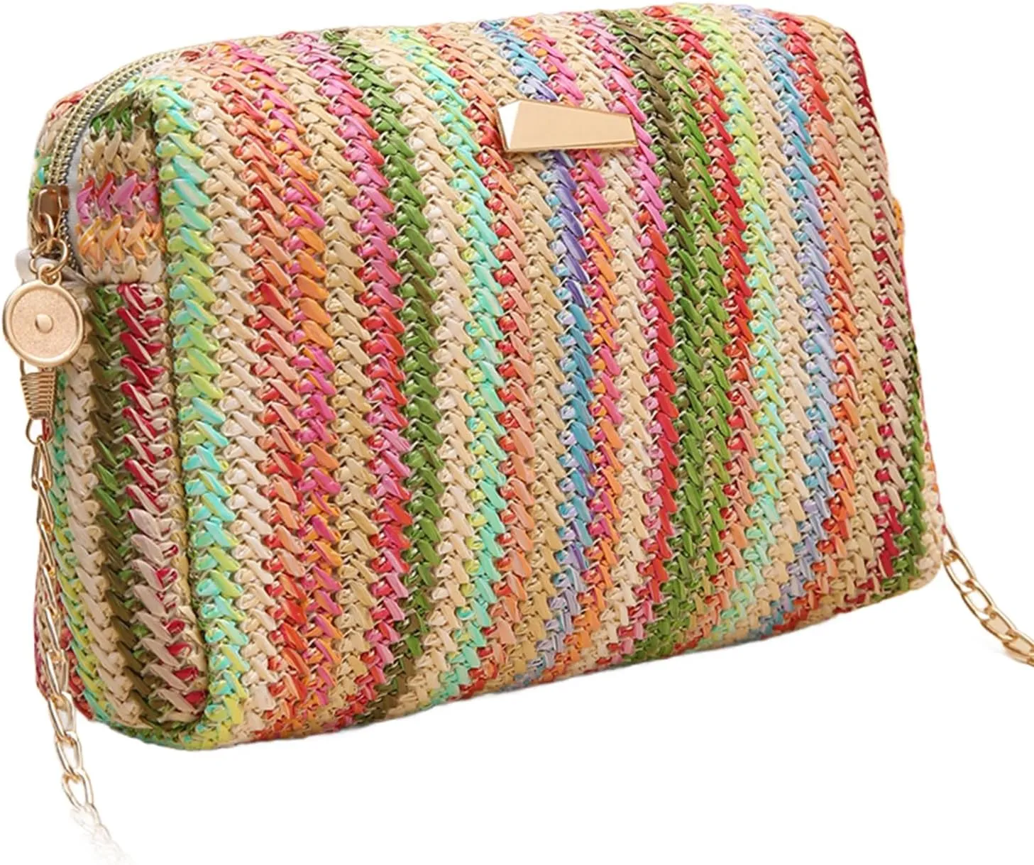 YYW Colorful Straw Bag Women Woven Beach Bags Rainbow Pattern Shoulder Bag Spring Summer Purse