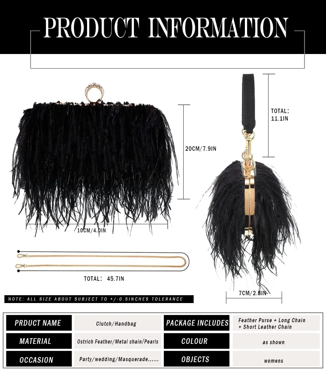 ZAKIA Women's Real Natural Ostrich Feather Tote Evening Dress Bag Shoulder Bag Party Money Bag Wallet Clutch