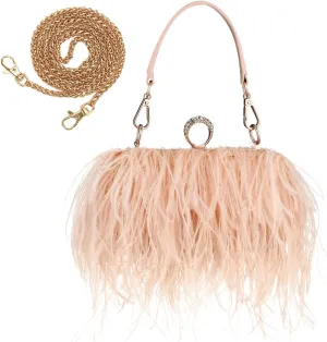 ZAKIA Women's Real Natural Ostrich Feather Tote Evening Dress Bag Shoulder Bag Party Money Bag Wallet Clutch