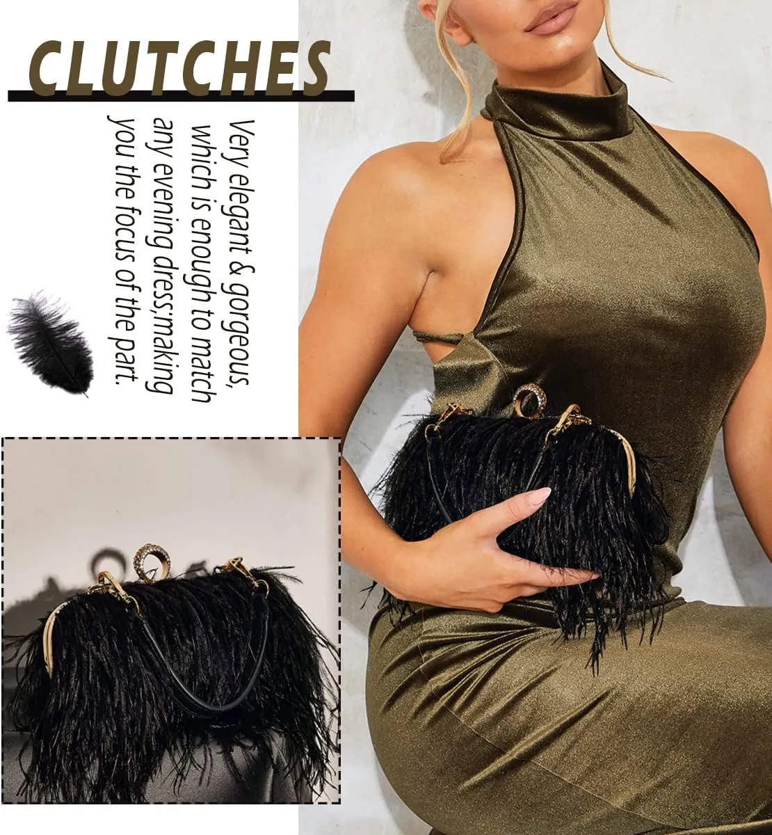 ZAKIA Women's Real Natural Ostrich Feather Tote Evening Dress Bag Shoulder Bag Party Money Bag Wallet Clutch