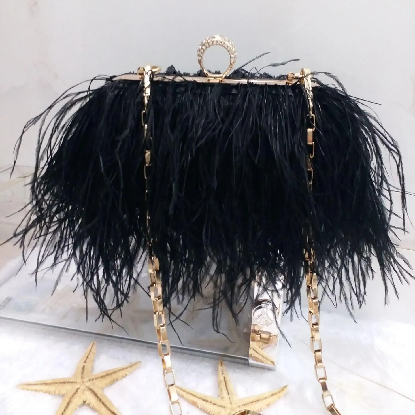 ZAKIA Women's Real Natural Ostrich Feather Tote Evening Dress Bag Shoulder Bag Party Money Bag Wallet Clutch