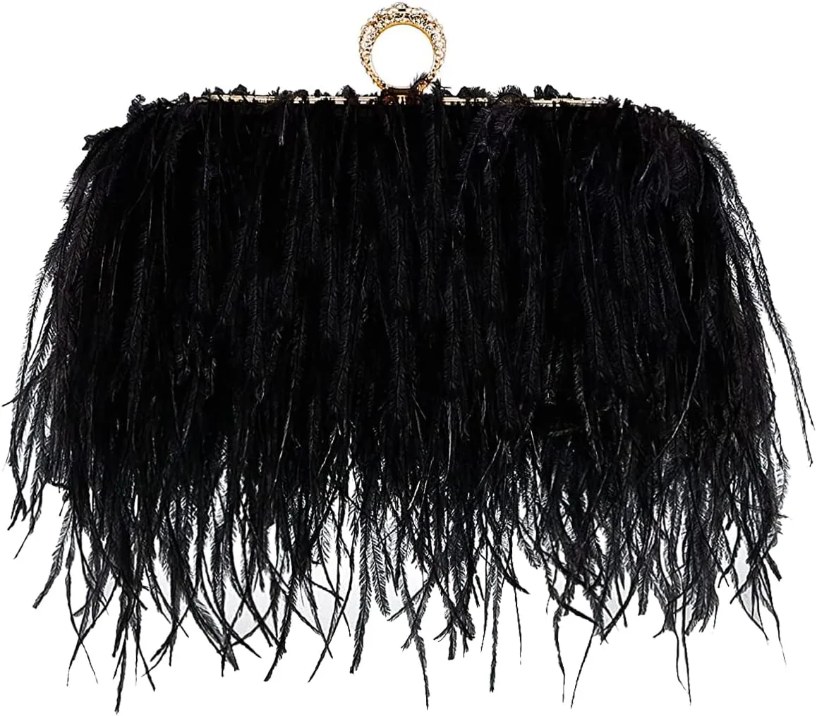 ZAKIA Women's Real Natural Ostrich Feather Tote Evening Dress Bag Shoulder Bag Party Money Bag Wallet Clutch