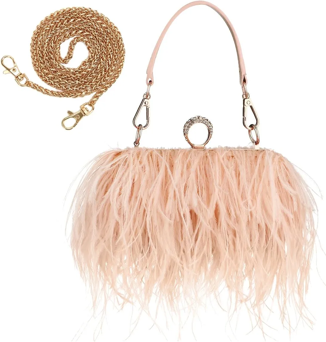 ZAKIA Women's Real Natural Ostrich Feather Tote Evening Dress Bag Shoulder Bag Party Money Bag Wallet Clutch