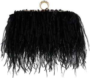 ZAKIA Women's Real Natural Ostrich Feather Tote Evening Dress Bag Shoulder Bag Party Money Bag Wallet Clutch