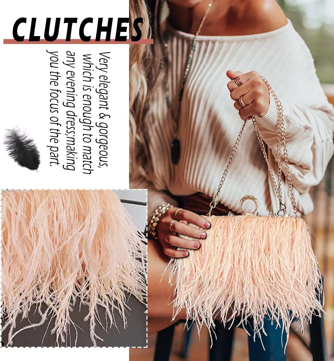 ZAKIA Women's Real Natural Ostrich Feather Tote Evening Dress Bag Shoulder Bag Party Money Bag Wallet Clutch