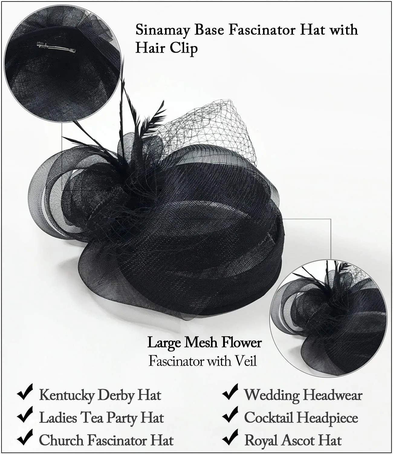 Z&X Sinamay Fascinator Hat Floral Feather Pillbox Derby Hats for Women Wedding Tea Party with Headband Clip