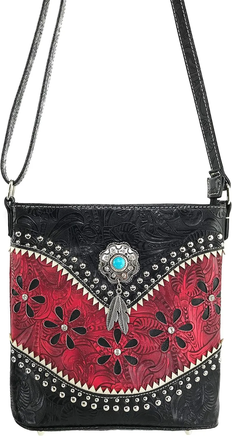 Zelris Floral Western Pu Tooled Leather Turquoise Concho Feathers Women Concealed Carry Crossbody Messenger Bag