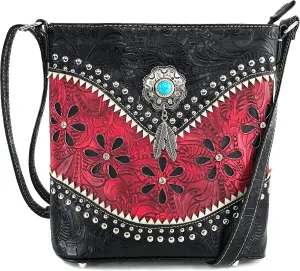 Zelris Floral Western Pu Tooled Leather Turquoise Concho Feathers Women Concealed Carry Crossbody Messenger Bag