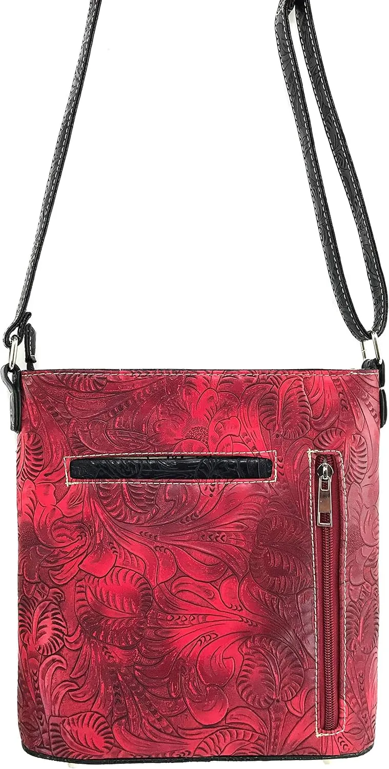 Zelris Floral Western Pu Tooled Leather Turquoise Concho Feathers Women Concealed Carry Crossbody Messenger Bag