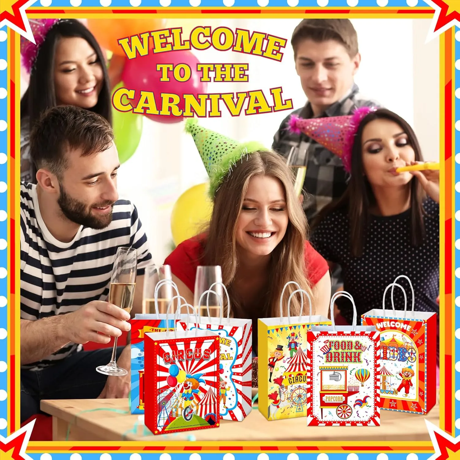 Zhanmai 24 Pcs Carnival Gift Bags Circus Party Favors Bags Paper Clown Carnival Goodie Candy Treat Bags with Handles for Circus Themed Birthday Party Decorations Supplies