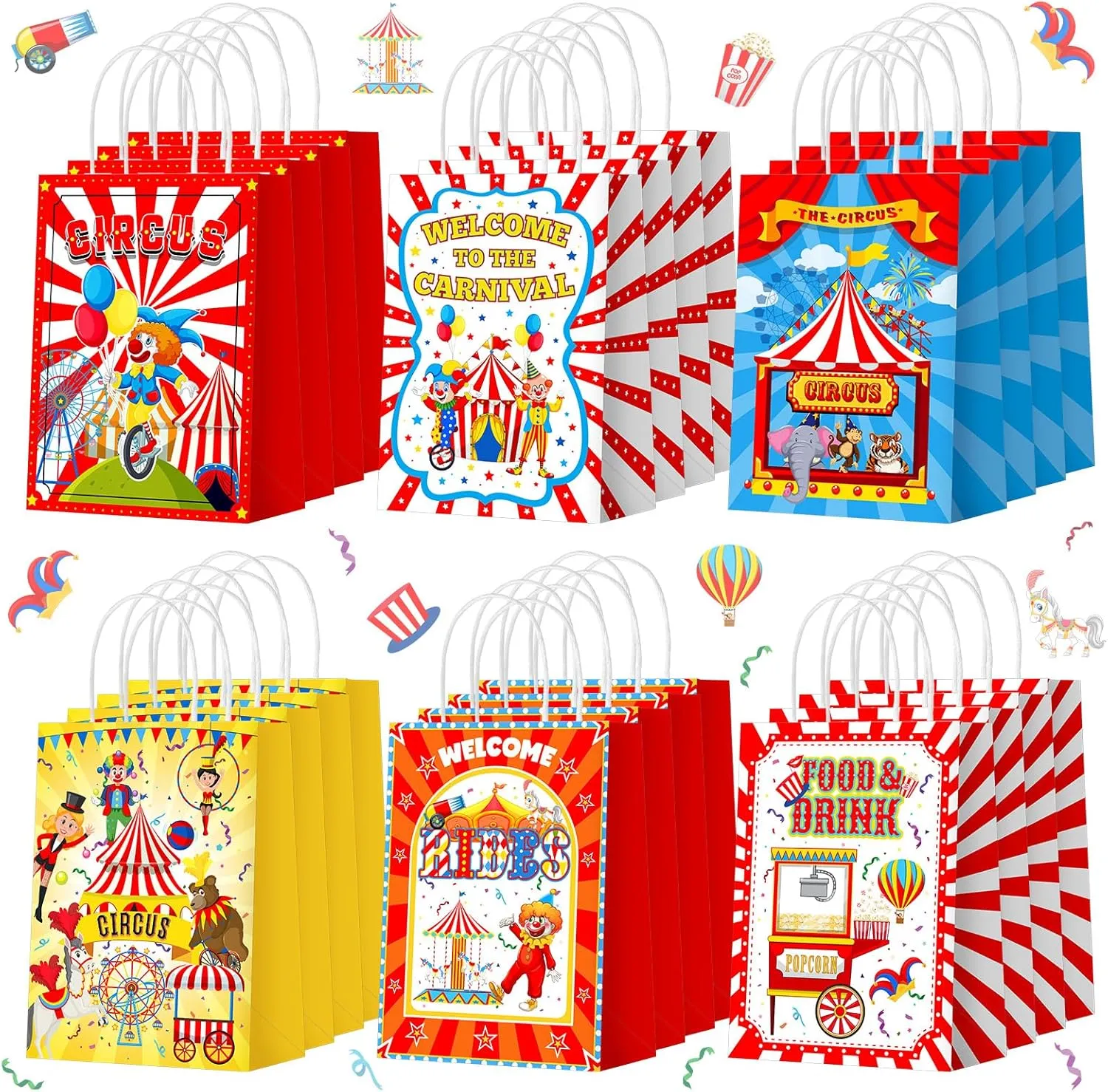 Zhanmai 24 Pcs Carnival Gift Bags Circus Party Favors Bags Paper Clown Carnival Goodie Candy Treat Bags with Handles for Circus Themed Birthday Party Decorations Supplies