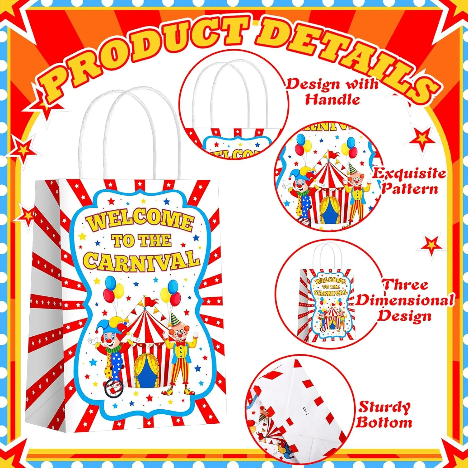 Zhanmai 24 Pcs Carnival Gift Bags Circus Party Favors Bags Paper Clown Carnival Goodie Candy Treat Bags with Handles for Circus Themed Birthday Party Decorations Supplies