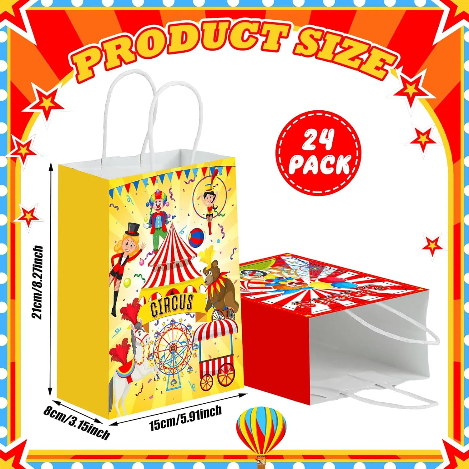 Zhanmai 24 Pcs Carnival Gift Bags Circus Party Favors Bags Paper Clown Carnival Goodie Candy Treat Bags with Handles for Circus Themed Birthday Party Decorations Supplies