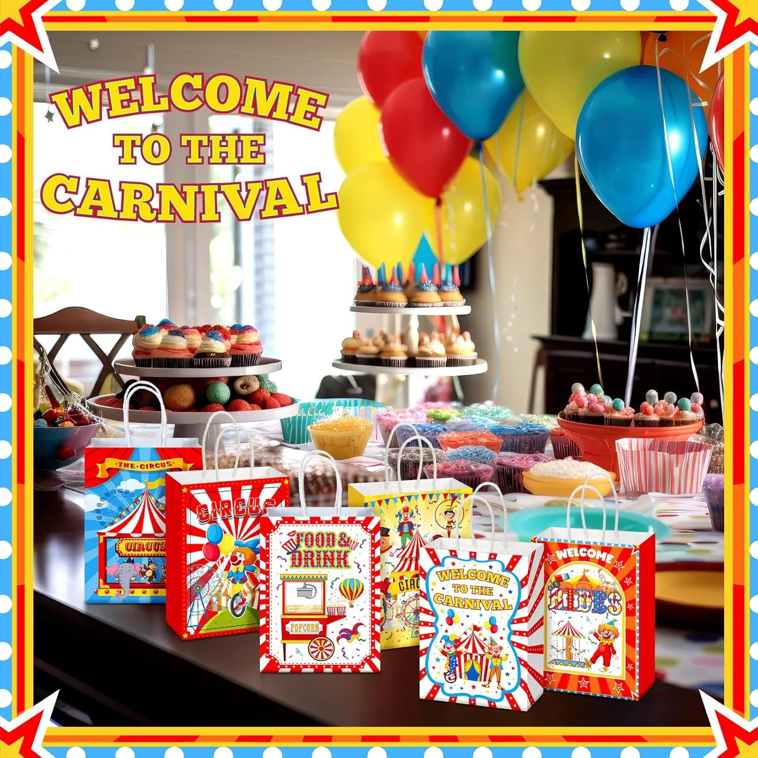 Zhanmai 24 Pcs Carnival Gift Bags Circus Party Favors Bags Paper Clown Carnival Goodie Candy Treat Bags with Handles for Circus Themed Birthday Party Decorations Supplies