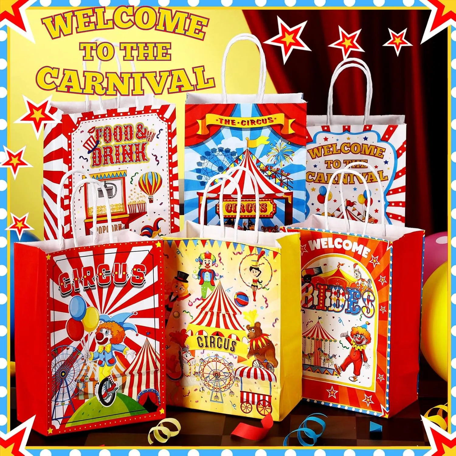 Zhanmai 24 Pcs Carnival Gift Bags Circus Party Favors Bags Paper Clown Carnival Goodie Candy Treat Bags with Handles for Circus Themed Birthday Party Decorations Supplies