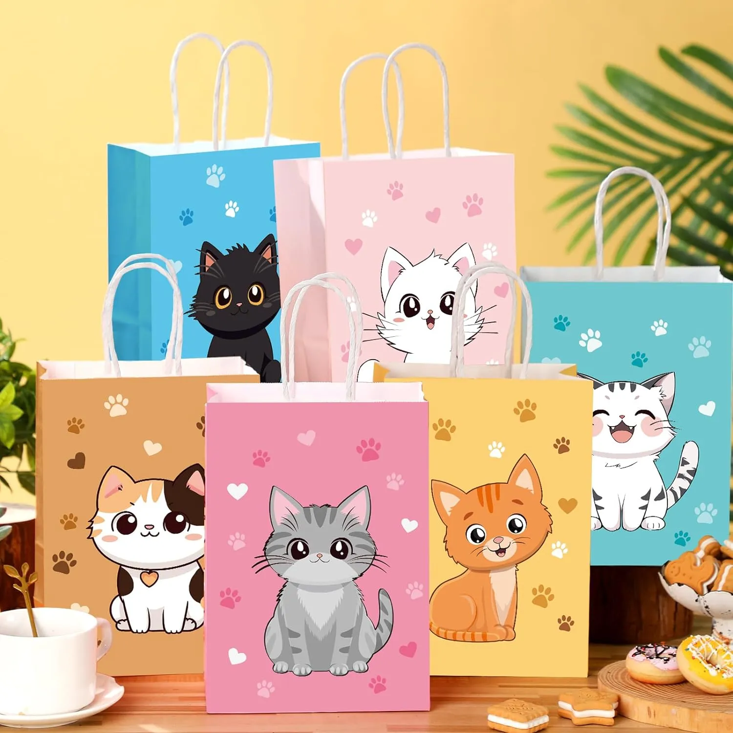 Zhanmai 24 Pcs Cat Goodie Bags Cat Party Favors Cute Kitty Gifts Candy Treat Paper Bags with Handles for Kids Birthday kitten Party Decoration Supplies for Pet Adoption