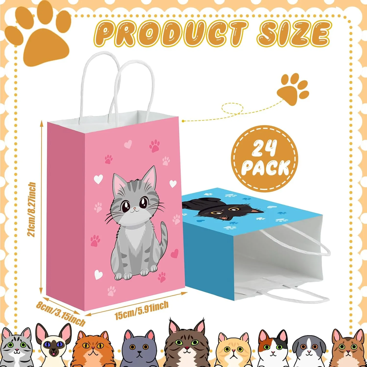 Zhanmai 24 Pcs Cat Goodie Bags Cat Party Favors Cute Kitty Gifts Candy Treat Paper Bags with Handles for Kids Birthday kitten Party Decoration Supplies for Pet Adoption