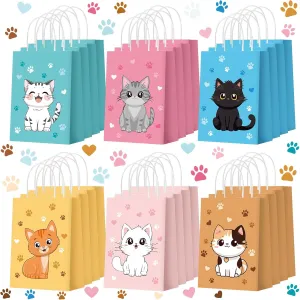 Zhanmai 24 Pcs Cat Goodie Bags Cat Party Favors Cute Kitty Gifts Candy Treat Paper Bags with Handles for Kids Birthday kitten Party Decoration Supplies for Pet Adoption