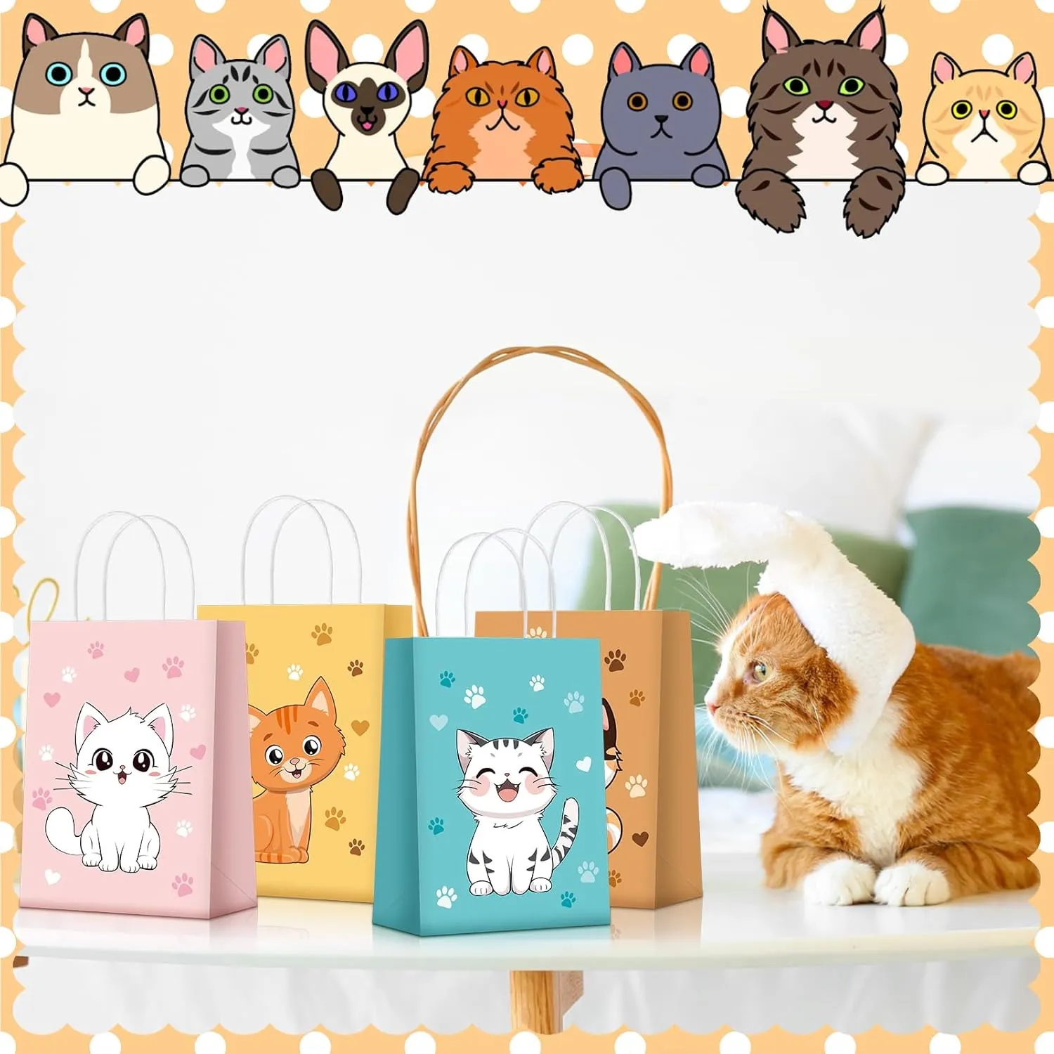 Zhanmai 24 Pcs Cat Goodie Bags Cat Party Favors Cute Kitty Gifts Candy Treat Paper Bags with Handles for Kids Birthday kitten Party Decoration Supplies for Pet Adoption
