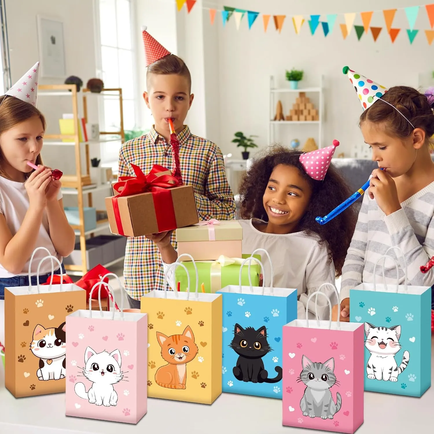 Zhanmai 24 Pcs Cat Goodie Bags Cat Party Favors Cute Kitty Gifts Candy Treat Paper Bags with Handles for Kids Birthday kitten Party Decoration Supplies for Pet Adoption