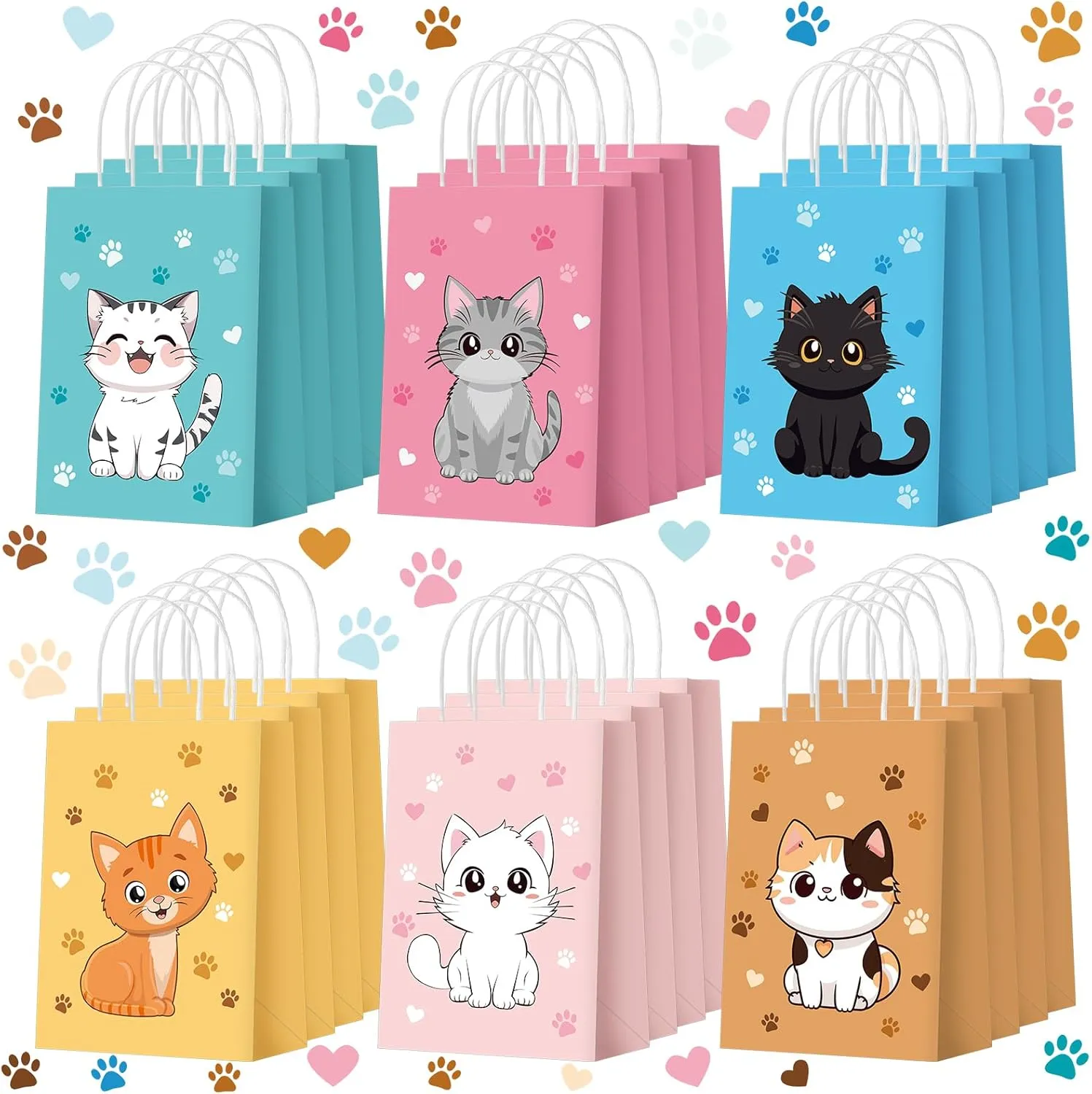 Zhanmai 24 Pcs Cat Goodie Bags Cat Party Favors Cute Kitty Gifts Candy Treat Paper Bags with Handles for Kids Birthday kitten Party Decoration Supplies for Pet Adoption