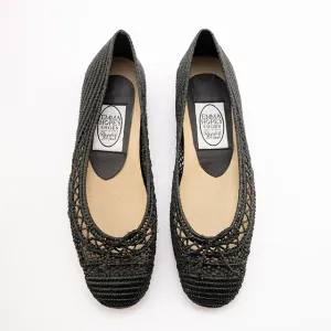 Zig Zag Bow Raffia Round Ballet-Black