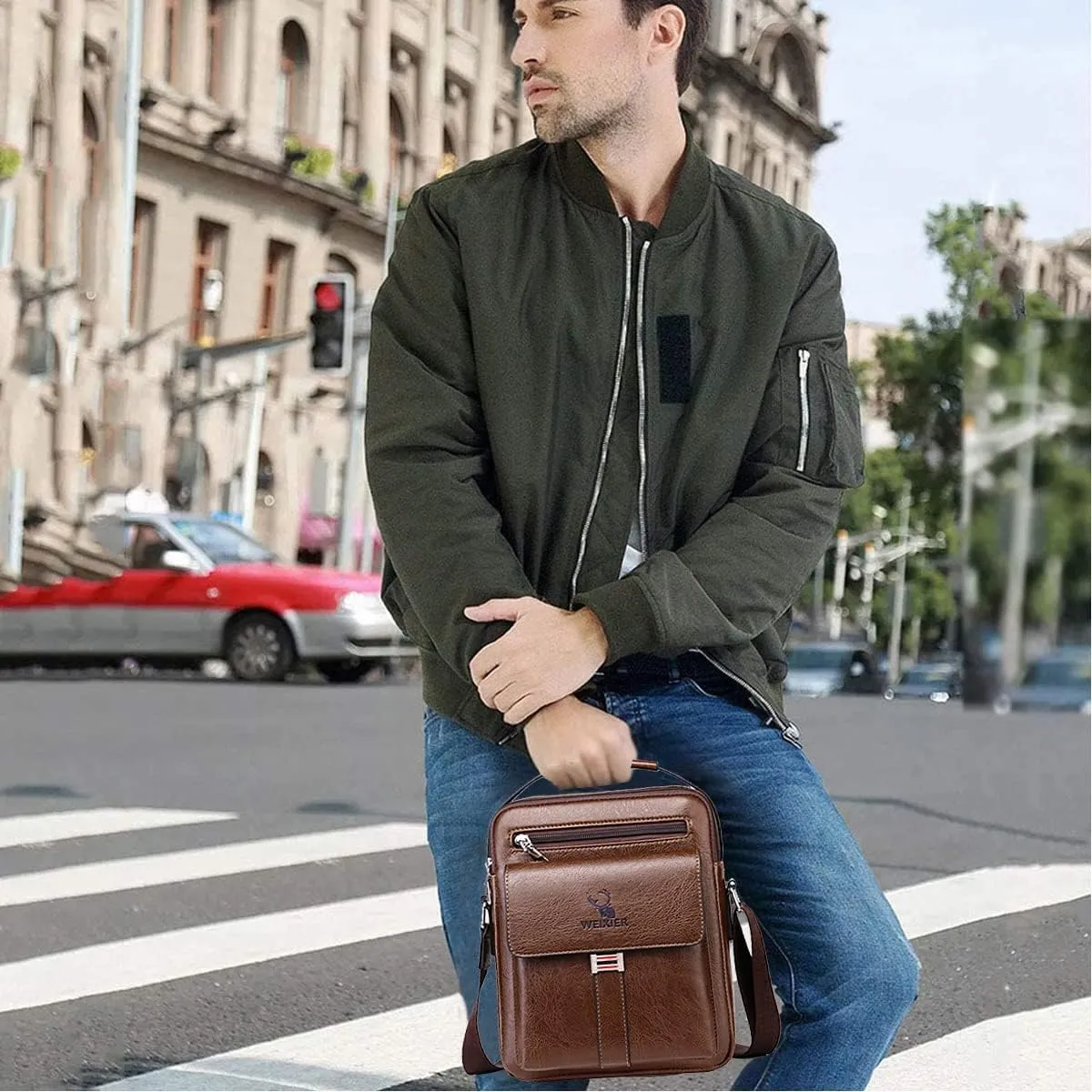 Zipper Buckle Leather Messenger Bag Crossbody Shoulder Bag Vintage Handle Bags