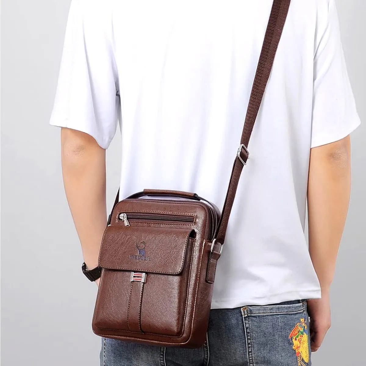 Zipper Buckle Leather Messenger Bag Crossbody Shoulder Bag Vintage Handle Bags