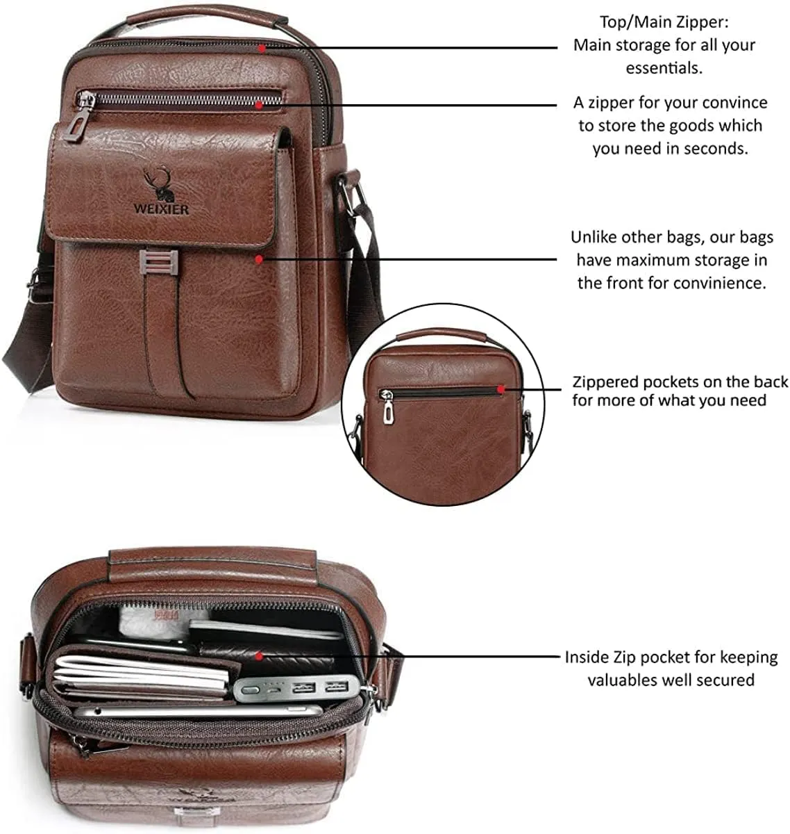 Zipper Buckle Leather Messenger Bag Crossbody Shoulder Bag Vintage Handle Bags