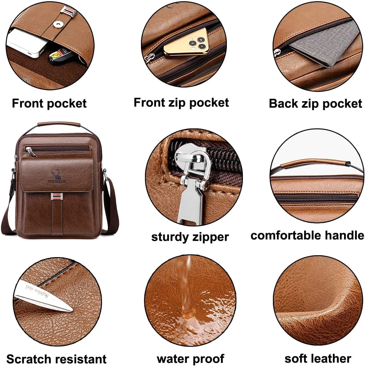 Zipper Buckle Leather Messenger Bag Crossbody Shoulder Bag Vintage Handle Bags