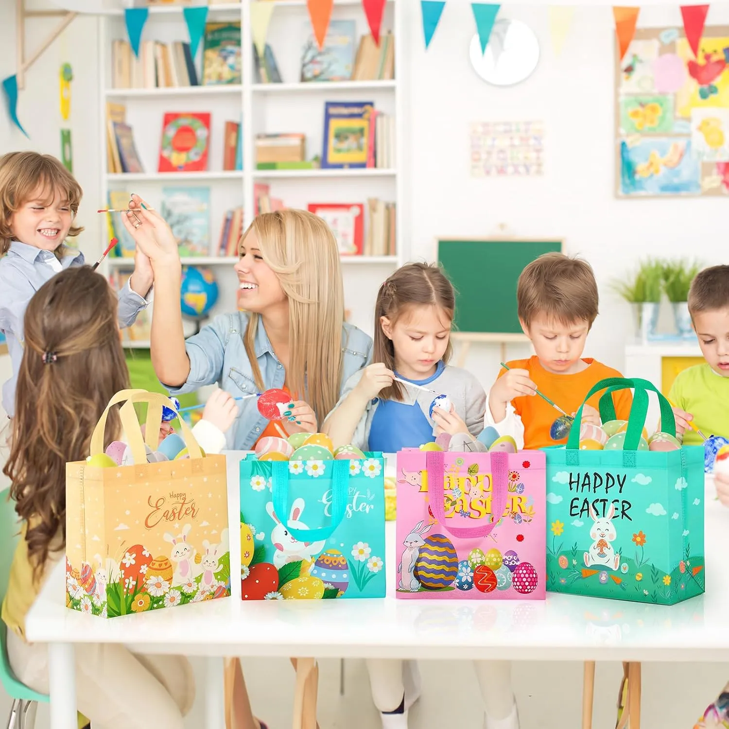 ZUIYIN 18Pcs Easter Gift Bags with Handles for Kids - Non-Woven Bags for Easter Baskets, Egg Hunt Game, Party