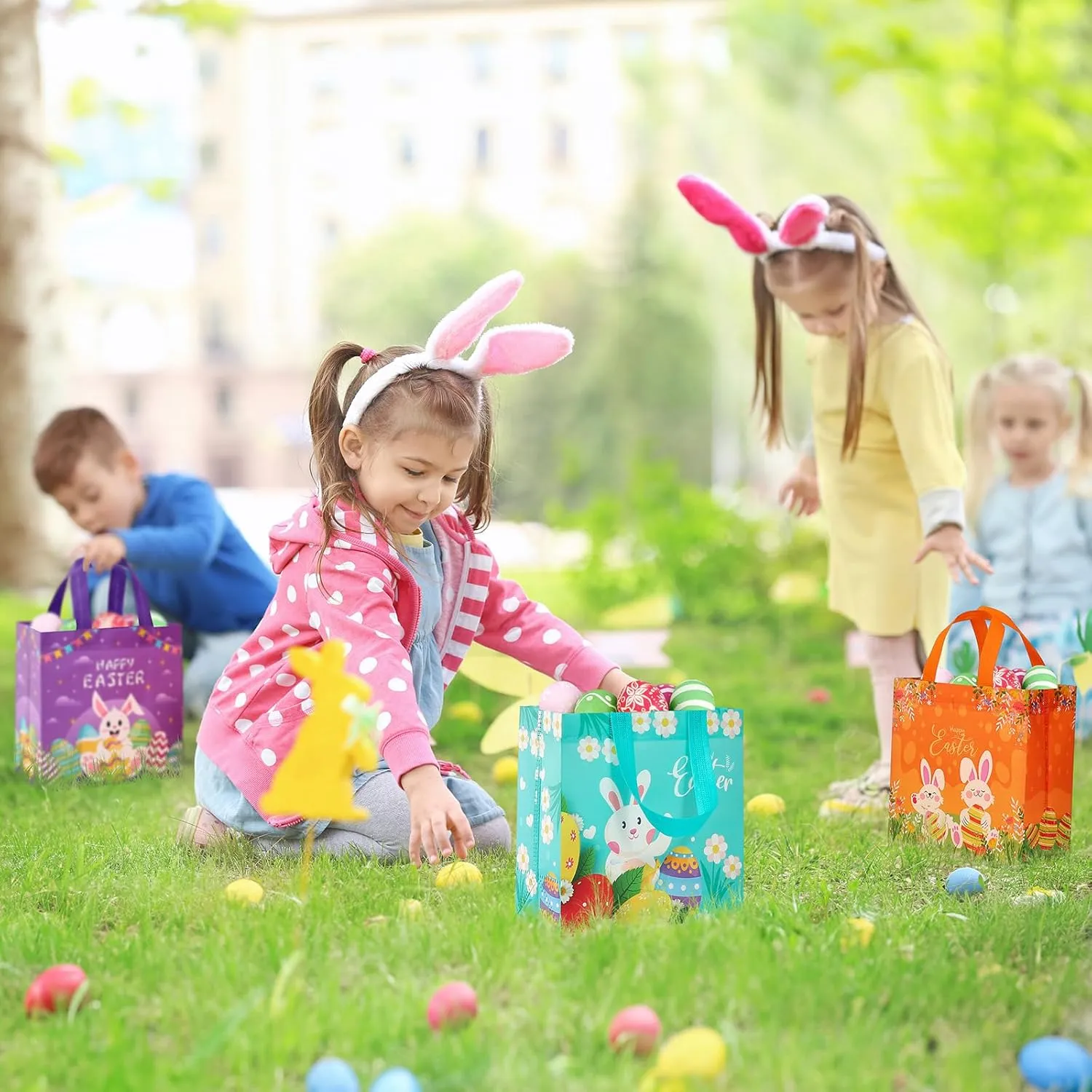 ZUIYIN 18Pcs Easter Gift Bags with Handles for Kids - Non-Woven Bags for Easter Baskets, Egg Hunt Game, Party
