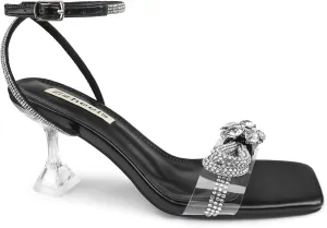 Zzheels Double Bowknots Crystal Sandals Clear Slingback Heels Square Toe Shoes for Party Wedding