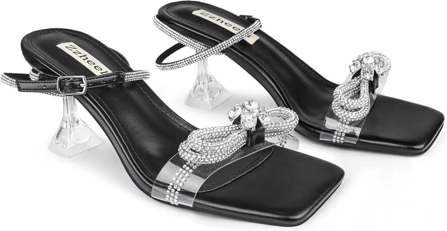 Zzheels Double Bowknots Crystal Sandals Clear Slingback Heels Square Toe Shoes for Party Wedding