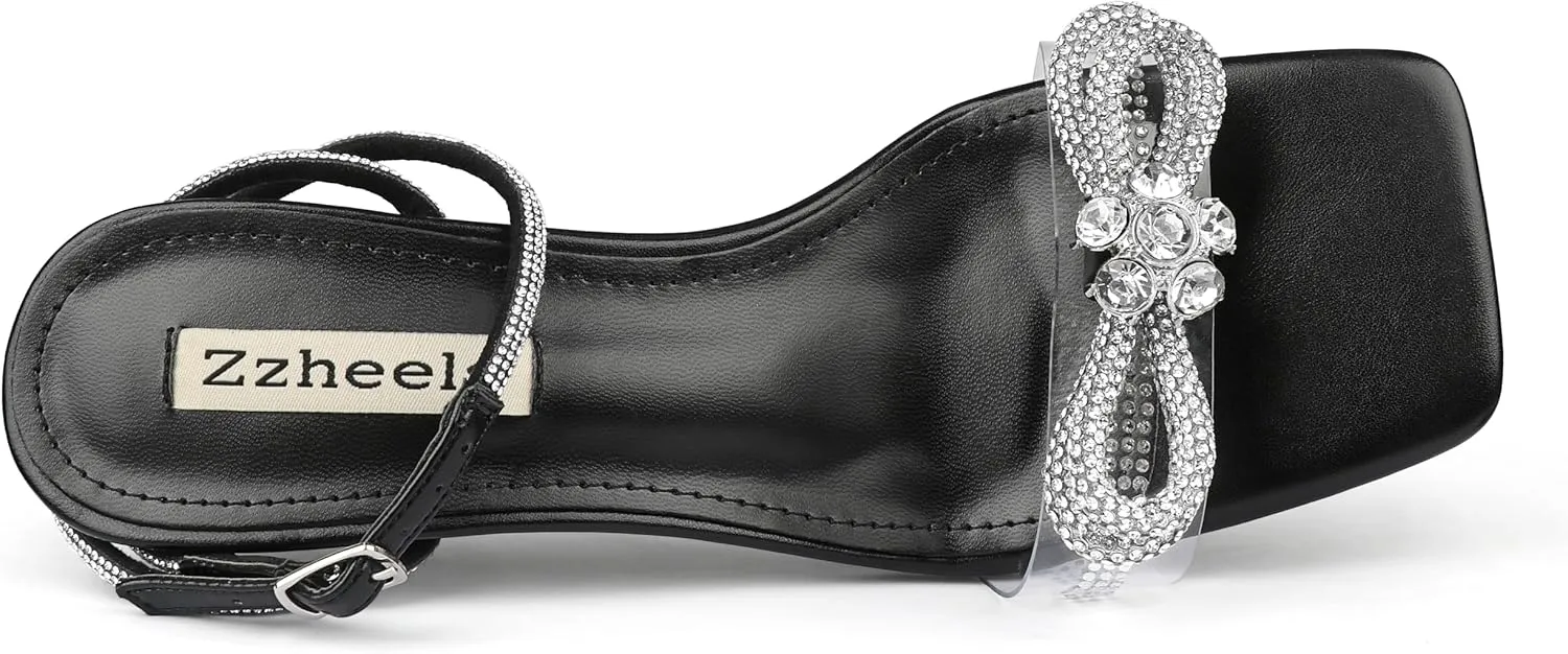 Zzheels Double Bowknots Crystal Sandals Clear Slingback Heels Square Toe Shoes for Party Wedding