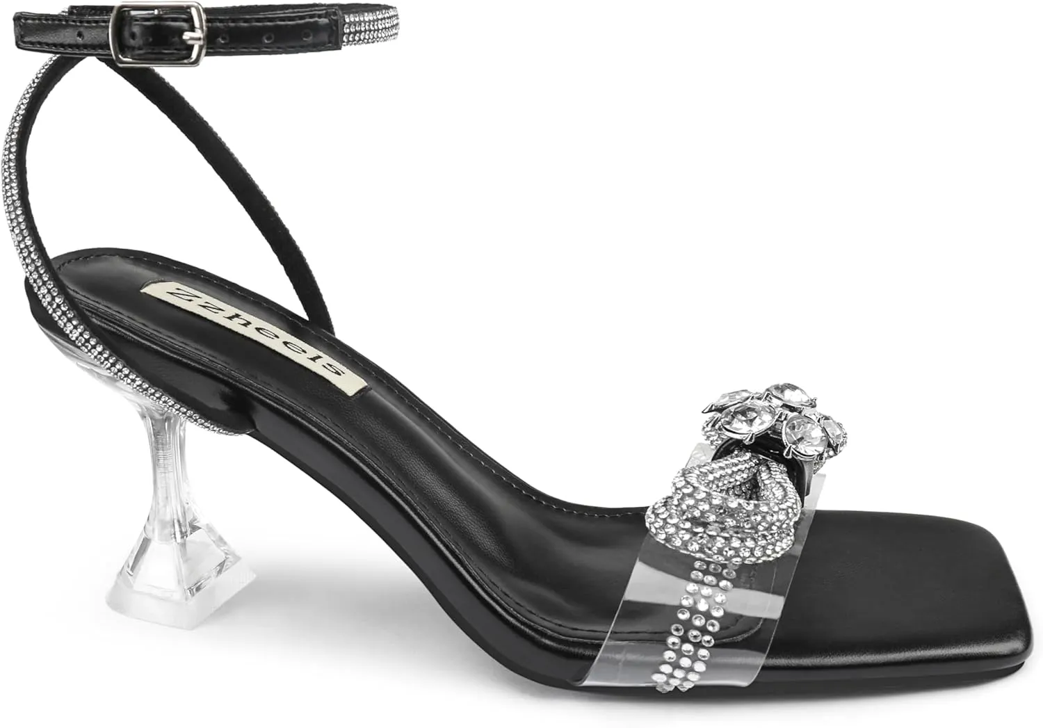 Zzheels Double Bowknots Crystal Sandals Clear Slingback Heels Square Toe Shoes for Party Wedding